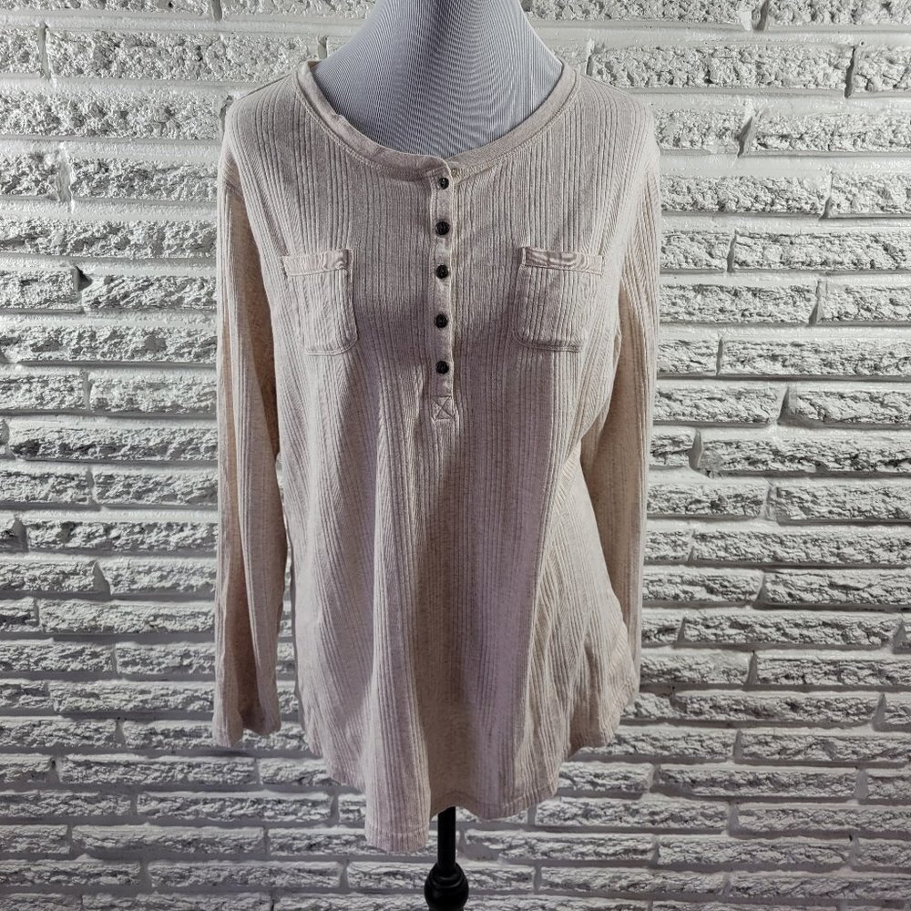 Chaps Womens Top 2X Knit Long Sleeve Pockets Beige Quarter Button A9E